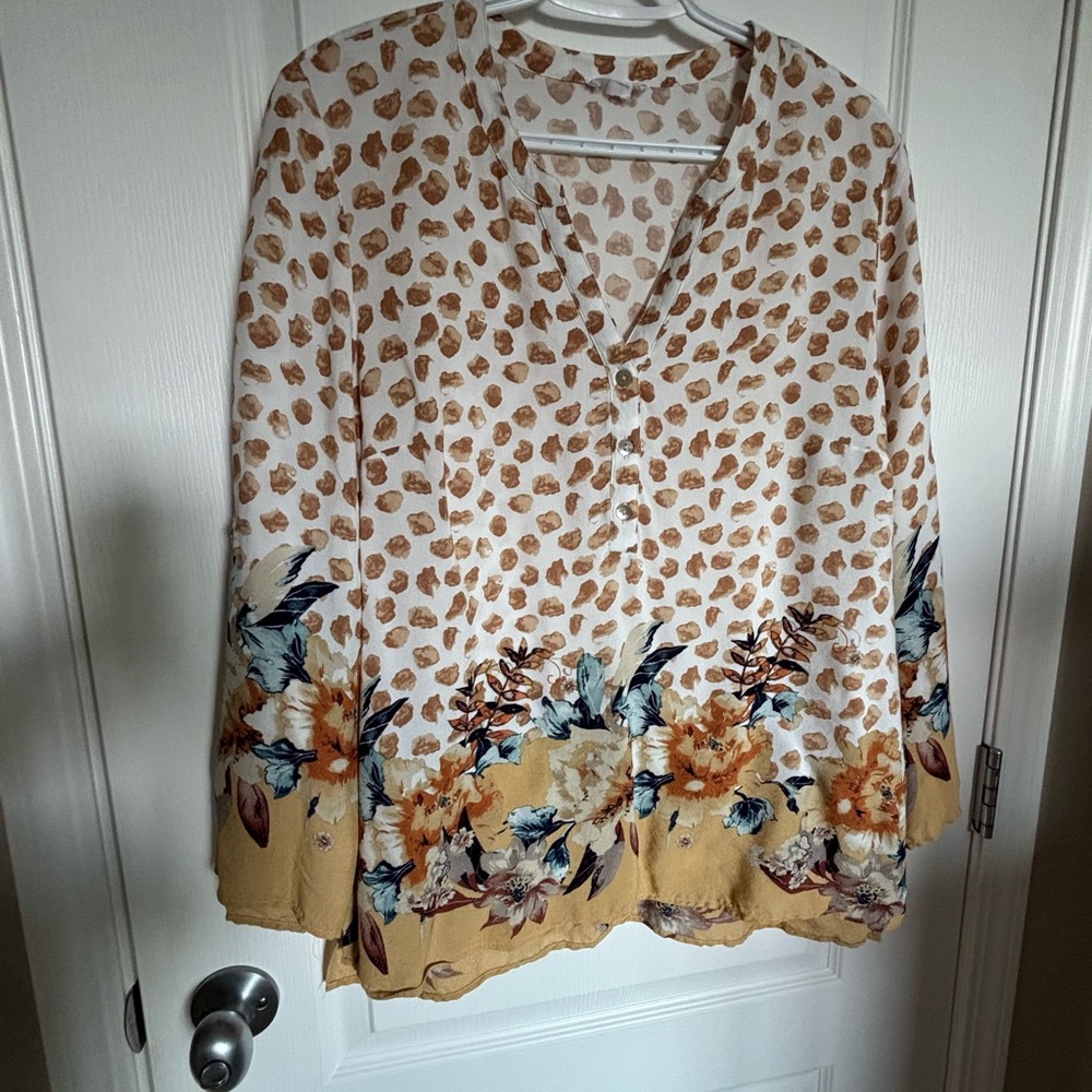 Tribal Jeans Floral and Leopard Print V-Neck Blouse